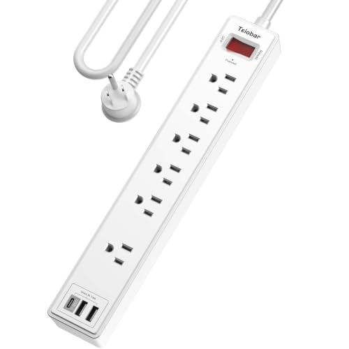 Image of 10Ft Extension Cord Power Strip Surge Protector - Teiobar 6 AC Outlets and 3 USB Ports for Home, Office, Dorm Essentials, 1680 Joules, ETL Listed, White