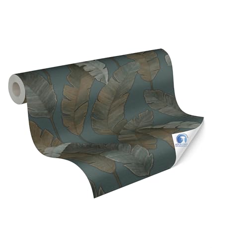 Papeles pintados murales DESIGNDROP - Papel pintado no tejido preencolado botánico en verde, azul - 10,05m x 0,53m - papel pintado tropical para salones - 784531