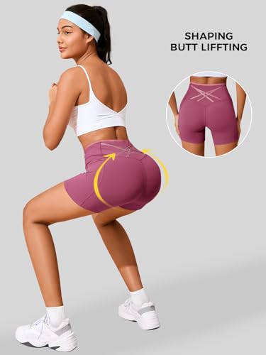 Aoysky Womens Workout Biker Shorts 5" Color Block High Waisted Yoga Athletic Shorts Pink — view 5