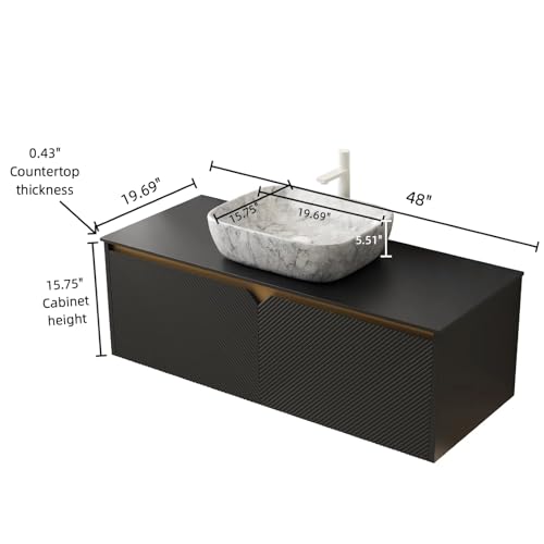 Image of Floating Bathroom Vanity with Sink, 48 inch Bathroom Storage Cabinet with Sintered Stone Countertop & Marble-Pattern Ceramic Basin, Modern Wall-Mounted Vanity with 2 Twill Pattern Doors, Black