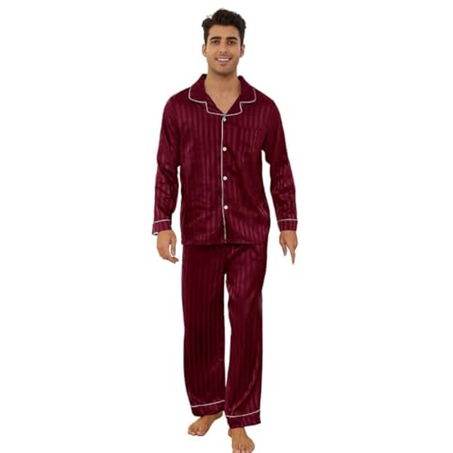 Image of U2SKIIN Silk Pajamas for Men, Long Sleeve Men Satin Pajamas Set Striped Button Down 2-Piece Pjs Set