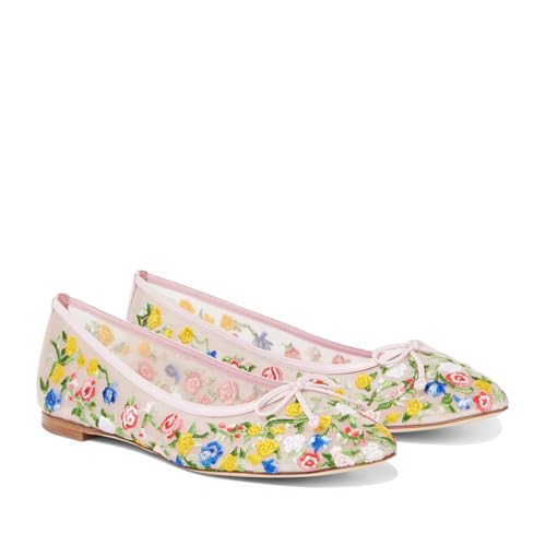 Women's Pink Ballet Flats - Embroidered Mesh Mary Jane Shoes, Slip-On Round Toe Multicolor Print Bows for Party & Casual Wear