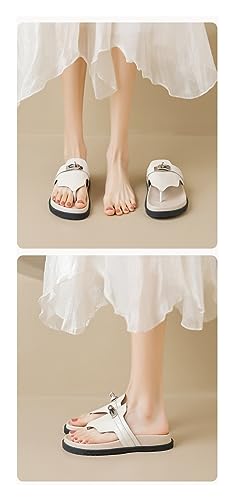 Women's Thick Soled Leather Flat Slippers, Black Beach Fashion Flip Flops, Sizes 5-11(Apricot,8)2