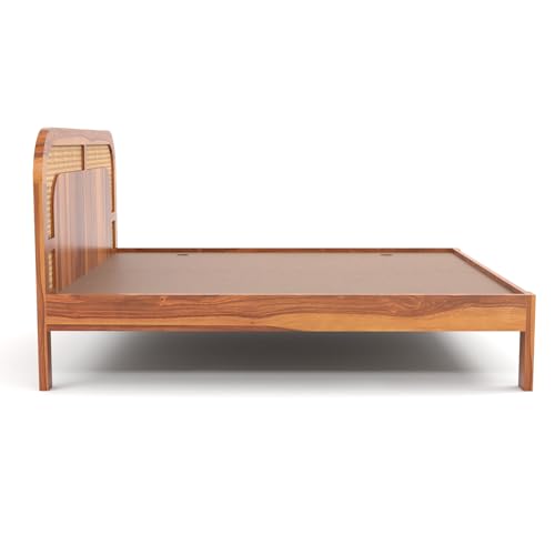 Image of Sheesham Wood Cane Bed Without Storage for Bedroom | Queen Size Wooden Double Bed Palang with Curved Rattan Headboard (Honey Finish)