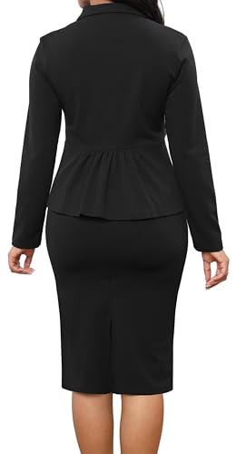 2 Piece Skirt Sets for Women Business Casual Black Party Evening Blazer and Skirt Suits with Buttons(Large)