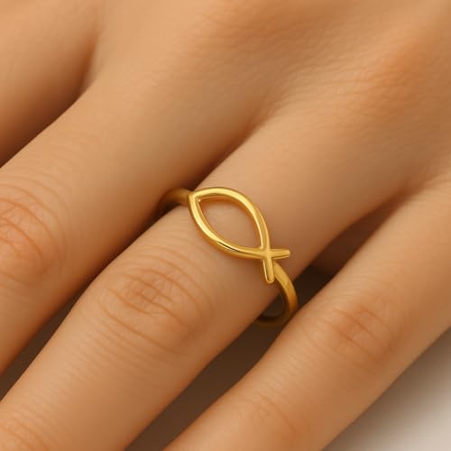 925 Sterling Silver 18k Gold Plated Christian Fish Ring, Handmade Ichthys Symbol Band for Women, Minimalist Stackable Faith Jewelry, Promise Ring by Luxoragems2