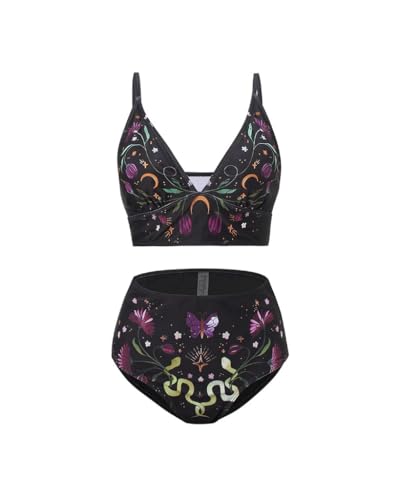 Women Bikini Set Two Piece High Waisted Tummy Control Bathing Swimsuit V Neck Witchy Celestial Floral Print Swimwear3