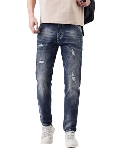 Hndudnff Men Ripped Tapered Jeans Slim Embroidered Personality Hip-Hop Streetwear Denim Trousers