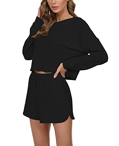 JINKESI Women's Waffle Knit Pajama Set Long Sleeve Top and Shorts Lounge Sleepwear with Pockets Black-Large - Image 3