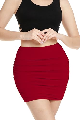 SSOULM Women's Stretch High Waist Ruched Shirring Bodycon Double Layer Mini Skirt RED XL