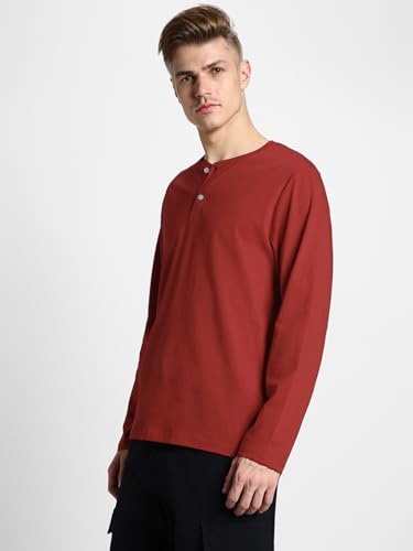 Image of Veirdo Pure Cotton Regular Fit Henley Neck Plain Solid Full Sleeve T-Shirt for Men & Boys (Color Options: Black, Red, Swanwhite, Navy Blue, White, Cork, Green, Maroon, Mustard, Royal Blue)