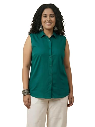 Image of Women Plus Size Sleeveless Button Down Shirt Polyester Formal Office Casual Wear Classic Fit Professional Shirt