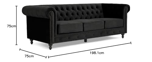 Image of Modern and Stylish 3 Seater Chesterfield Luxury Sofa with Valvet and Fabric Comfortable Sofa for Living Room, Dining Room, Hallway, and Office-(BLACKK).