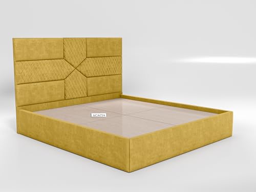 Image of Acacia Modern Upholstered King Size Bed with Box Storage for Bedroom | Wooden Double Bed with Storage | Platform Cot Bed with Upholstery Premium Fabric | 6.5 x 6 Ft | Sheesham Wood (Butter Yellow)