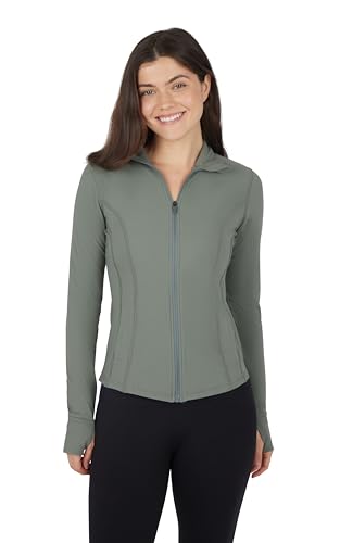 90 Degree By Reflex Womens High Neck Slim Fit Ribbed Zip Up Athletic Running Jacket with Thumbholes - Mulled Basil - Large