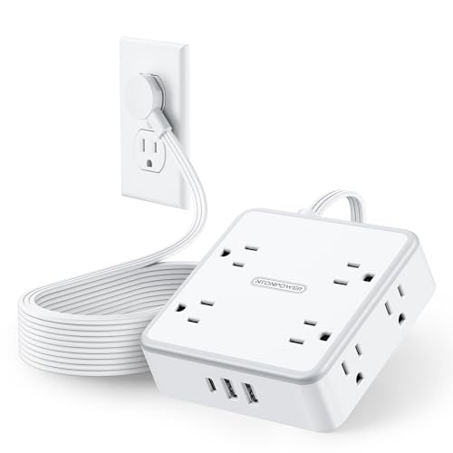 NTONPOWER Surge Protector Power Strip, Flat Extension Cord 15 FT with 8 Widely Outlets 3 USB Ports, 1080J Surge Protector Extension Cord with USB Ports, Outlet Extender for Home, Office, Dresser, Dorm