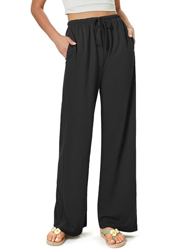Glacspyg Damen Hosen Flowy Wide Leg Freizeithose Casual Beach Strandhose High Waisted Kordelzug Palazzo Hosen mit Taschen Schwarz L