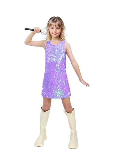 Sinkawa Jackets Girls Sequin Dress Sparkly Sleeveless Costume Prom Concert Party Outfit with Glitter Microphone Prop-Small Purple
