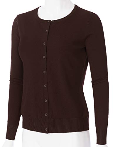 Jscend Women's Long Sleeve Button Down Crew Neck Soft Knit Cardigan Sweater Brown M #TOP1
