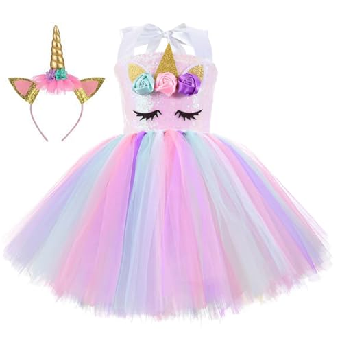 ZeroStage Unicorn Birthday Decorations for Girls Halloween Costume Party Outfit Fairy Princess Sequin Tutu Dress with Headband Christmas Gifts Pink 3-4 Year Old