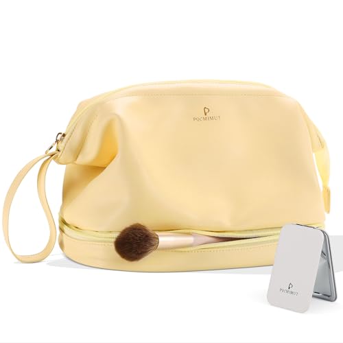 Pocmimut Makeup Bag,Large Wide Open Cosmetic Bag for Women,Double Layer Toiletry Bag Organizer for Brushes Bag with Makeup Mirror,White, Yellow, Large, Pu Leather