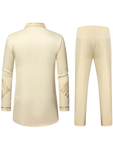 ZEROYAA Men's Africa Suit Long Sleeve Bronzing Print Shirt and Pants Outfit Traditional 2 Piece Set2
