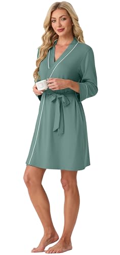 Image of PrinStory Womens Robe Knee Length Soft Knit Bathrobe S-2XL | V-Neck 3 /4 Sleeve Robes with Pockets, Lightweight, Breathable Bath Robe for Shower, Spa, Travel, Home, Party, Nursing
