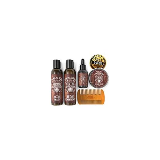 Kit de Barba Para Hombre - Champú Barba que Suaviza, Alisa y Calma el Picor de la Barba - Contiene Jabón y Acondicionador Barba, Aceite Barba, Balsamo Barba y Peine Barba - Aroma de Sándalo
