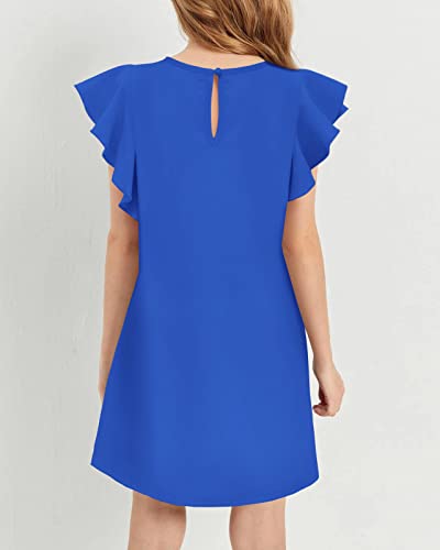 Girl's Casual Flutter Sleeve Dress A-Line Keyhole Neck Solid Swing Flared Skater Ruffle Armhole Dress Blue #TOP2