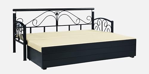 Image of 3 Seater Metal Sofa Cum Bed with Hydraulic Storage | Sofa Set for Living Room, Bedroom, Guest Room| King Size Convertible Sofa Bed | Comfortable Seating Sofa Cream & Black