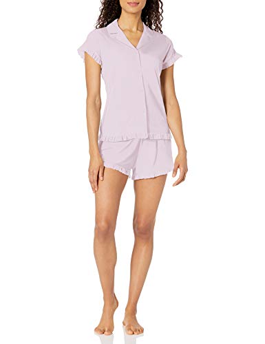 Amazon Brand - Mae Women's Notch Collar Pajama Set W/ Ruffle Detail, Lavender, 1X