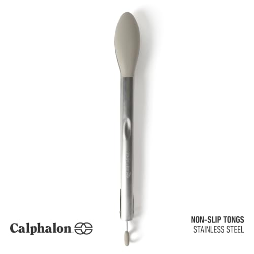 Image of Calphalon Edge Kitchen Tongs, Stainless Steel Locking Tongs with Heat-Resistant Silicone Heads, Nonstick-Safe Cooking Tongs for Grilling, Serving & Food Prep, Taupe