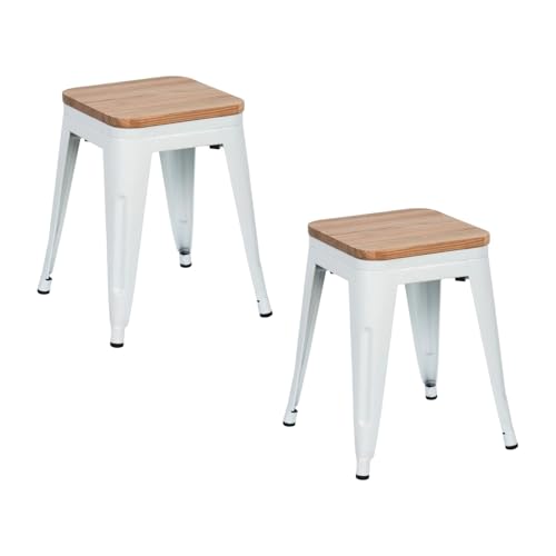 THINIA HOME Pack 2 Taburetes Bajos Industriales Apilables de Acero y Madera 38x38x46cm