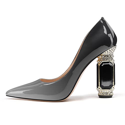 Image of JANSEVEN Women Chunky Heels Pumps Crystal Block Heels with Rhinestones Pointed Toe Sexy Gradient Patent Leather Slip on Bridal Party Wedding Dress Shoes 5-13 M US