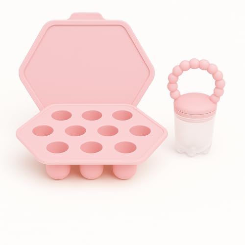 Cutties and Giggles Alimentador de frutas de bebé de silicona y moldes de paletas de leche materna, bandejas de congelador, dentición y alimentación automática para bebés con tapa (rosa)