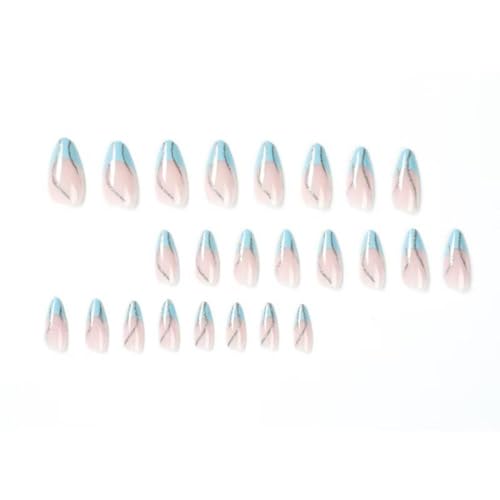 Image of Glitter Press on Nails Blue French Tip Fake Nails Medium Almond False Nails with Shiny Line Design Glossy Glue on Nails Artificial Acrylic Nail Stick on Nails for Women Girls Manicure 24Pcs