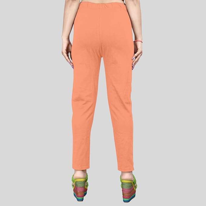 Image of Women's Solid Cotton Lycra Pants-High Waist Slim Fit Stretchable Leggings - Comfortable Long Trousers for Casual, Office & Everyday Wear