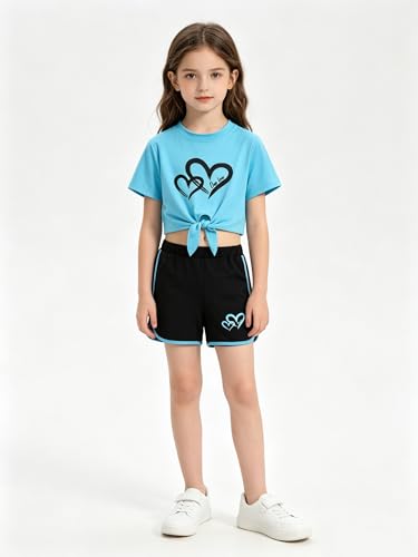 Image of Girls 6 Pieces Summer Outfits Casual Short Sleeve Tee Tops and Dolphin Shorts Set 4-12Y