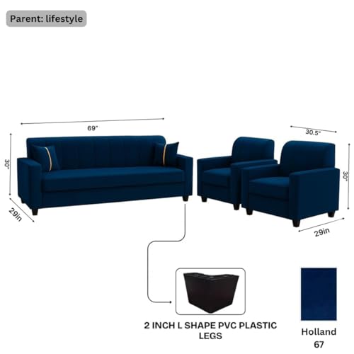 Image of FURNY Cosmos 5 Seater Fabric 3+1+1 Sofa Set (Dark Blue) Premium Velvet Finish | Durable Comfort | Ideal for Living Room