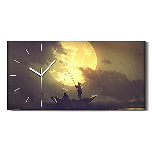 Horloge sur Toile Art Moderne 60x30cm Design Pêcheur - Finition Premium Mains Blanches - 2