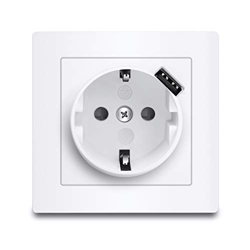 EXTRASTAR Base Enchufe Schuko Con USB, Enchufe Empotrado de Pared, Blanco, para Smartphone, Tableta, Material eléctrico, 1pcs