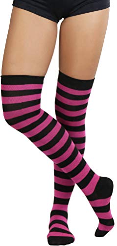 Image of ToBeInStyle Women's Bright Vibrant Rainbow Striped Thigh High Rave Stockings