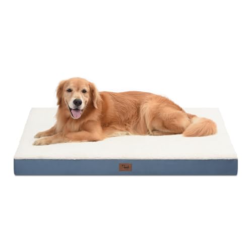 Image of Outdoor Dog Bed for Extra Large Dogs, XL Dog Bed for Large Sized Dog, Egg Crate Foam Dog Bed with Removable Washable Oxford Cooling Cover, Blue White