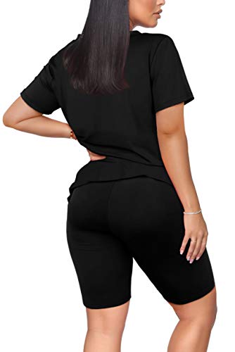 WIHOLL Two Piece Outfits for Women Short Sleeve V Neck Biker Shorts Set
