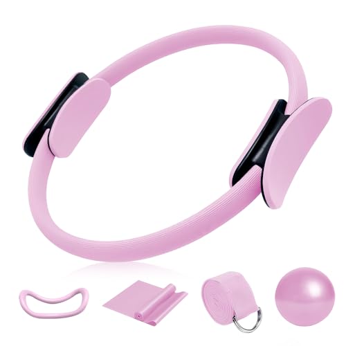 Rppiup Pilates Ring Set, 5 Stück Pilates Essential Kit für Frauen, Enthält Pilates Ring Yoga-Ball Yoga-Spanngurt Yoga-Hilfsgurt Yoga-Ring, Pilates Set für Zuhause oder Studio-Workout (Rosa)