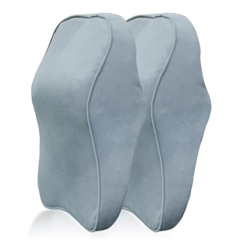 Image of WELLGIVER Orthopedic Memory Foam Car Neck Rest Pillow - Cervical Support Cushion for Neck Pain Relief, Adjustable Strap - Universal Fit for All Cars | Grey Velvet | Pack of 2