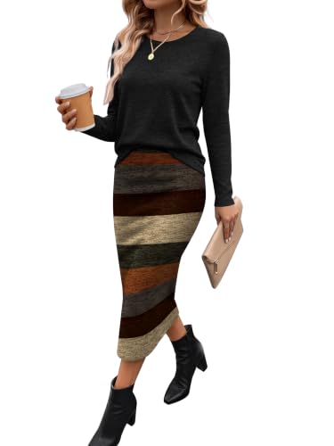 OFEEFAN Women 2 Piece Outfits Midi Skirt Set Fall Loungewear Black Stripe M | Long sleeve top matching skirt with pockets dressy casual, sweater dress set, lounge wear, fashion travel vacation clothing - image 2