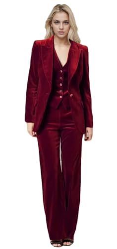 Botong 3-teiliges Damen-Samt-Hosenanzug, Spitzrevers, Business-Anzug, Blazer, Weste, Hose, Abschlussball, Büro, Arbeitsanzug, Burgunder, Mittel