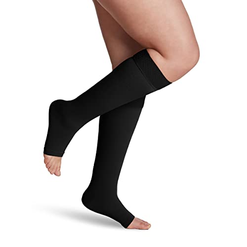 Image of Sigvaris Essential 862 Opaque Open Toe Knee Highs w /GripTop - 20-30 mmHg Short Black LS