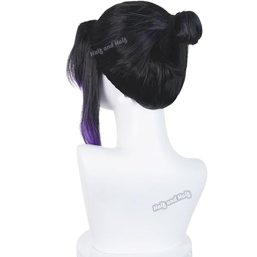 Image of Shinobu Kochou Cosplay Wig + Butterfly Short Black and Purple Anime Wigs | Purple Wigs with Bangs & Bun Warrior Costume DS Wigs Synthetic Hair for Women Halloween Party